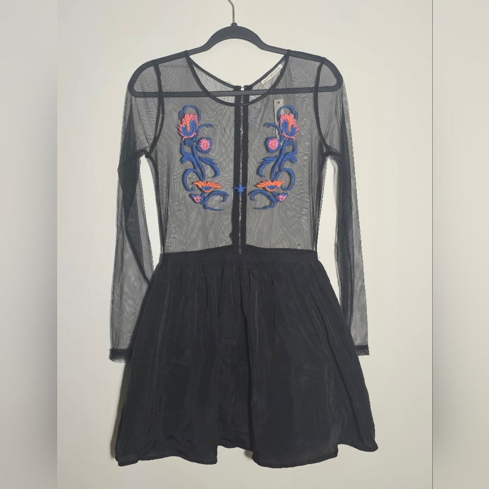Mustard Seed Black Mesh Dress with Floral Embroidery